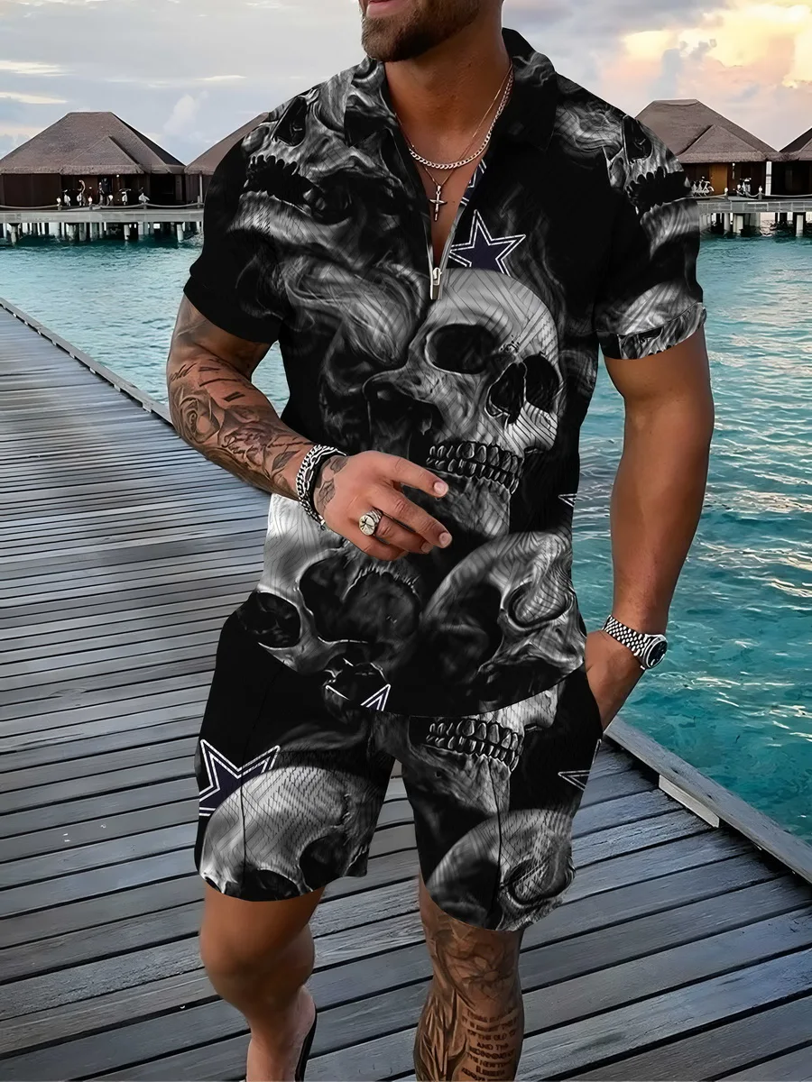 

Printed Skull Poloshirt Men's Tracksuit Hawaiian Style Beach Shirt Zipper Polo Sets Men Clothing Fashion Shirt&shorts Suits