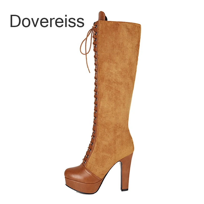 

2022 Winter Women Fashion New Brown Goth Chunky Heels Sexy Waterproof Zipper Cross Tied Ladies Boots Knee High Boots Size 42 43