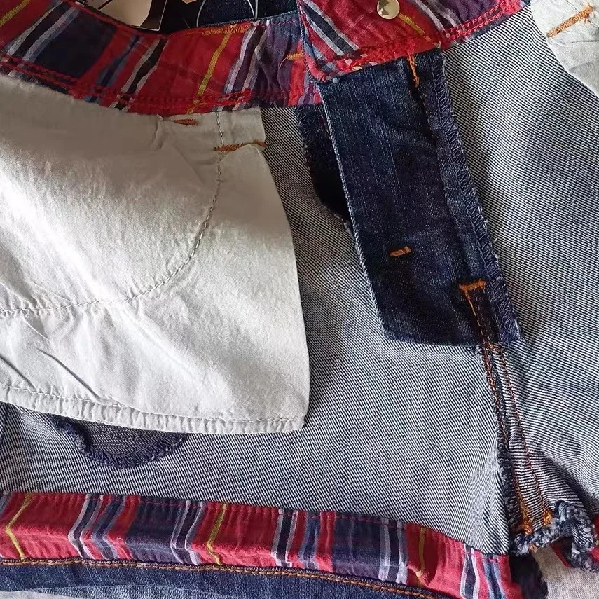 Клетчатые Лоскутные шорты с заниженной талией джинсовые винтажные пикантные