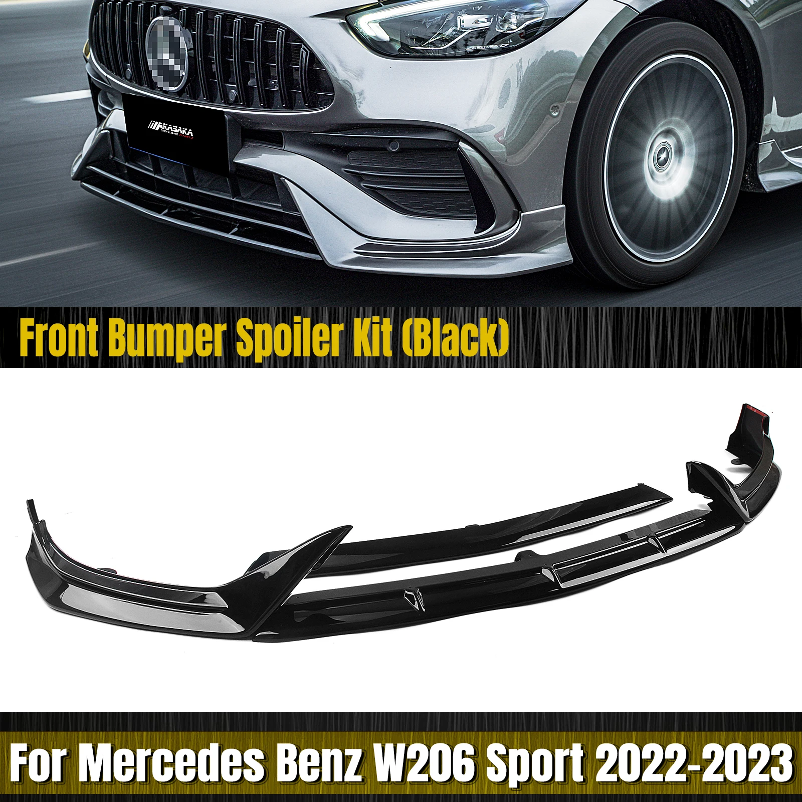 AKASAKA Gloss Black Front Bumper Spoiler Lip Blade+Side Splitter Cover Kit For Mercedes Benz C Class W206 Sport 2022-2023 C300