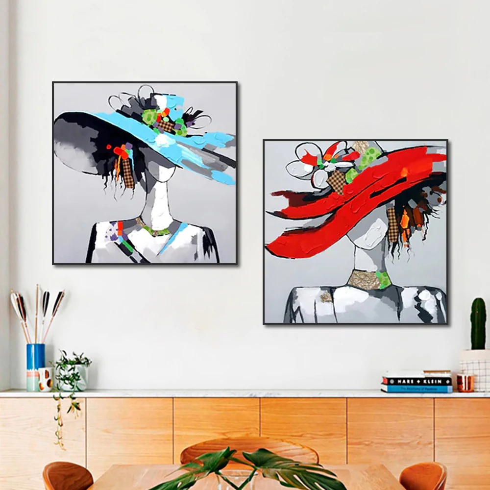 

Abstract Textured Girl With Blue Hat Oil Painting 100% Handpainted On Canvas Modern Nordic Wall Art For Living Room Home Decor