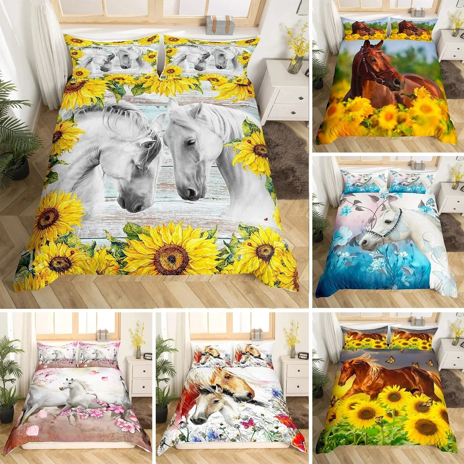 3D пододеяльник с лошадью размер King Queen комплект постельного белья желтым