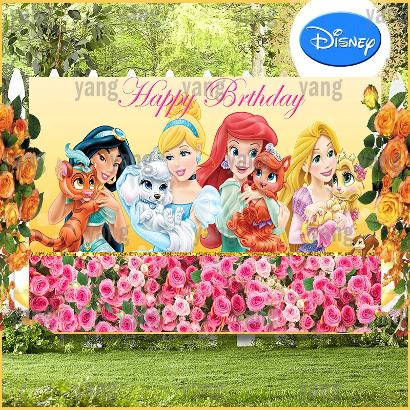Cute Disney Girls Princes Jasmine Cinderella Aurora Ariel  Happy Birthday Party Flower Wall Backdrop Backgrounds Decoration