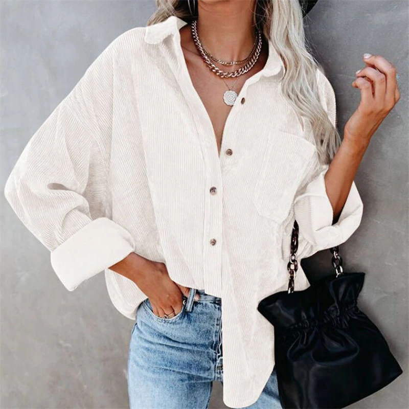 

Female Pocket Corduroy Long Sleeve Shirt Jacket Women Loose Casual Blouse Lady Solid Color Button Tops Tee Blusa