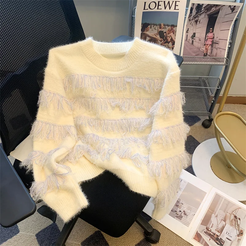 

Fashion O-Neck Knitted All-match Tassel Sweaters Women Autumn New Loose Casual Pullovers Solid Color Korean Tops