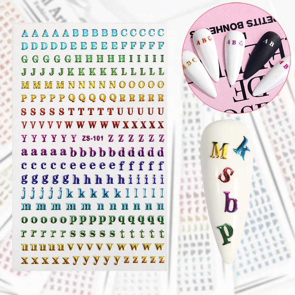 

1Sheet 26 English Alphabet Nail Stickers Self-Adhesive Nails Art Words Decals Letter Laser Manicure 3D Tattoos Sliders 12*7.5cm