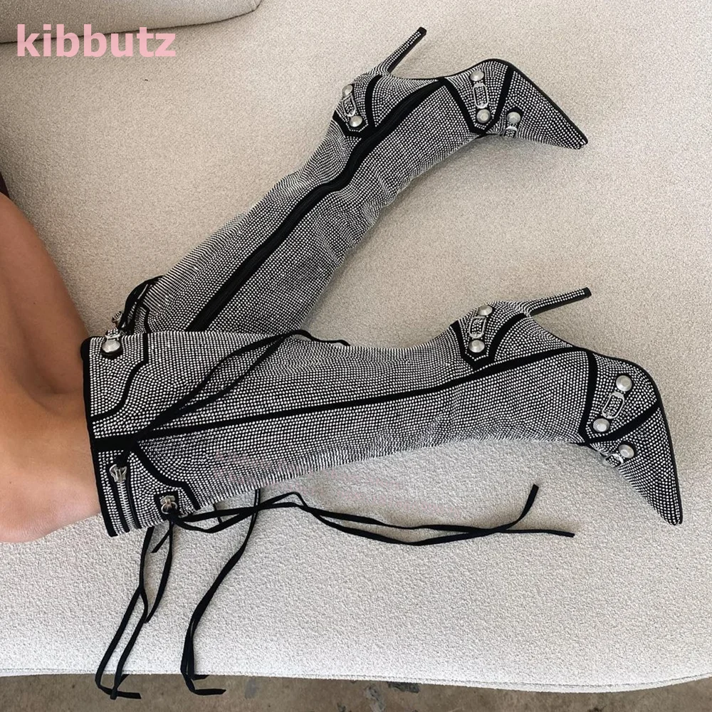 

Rivets Crystal Pointed Toe Thin Heel Knee-High Boots Side Zipper Glossy Fringe Pin Buckle Rhinestone Super High Shoes Luxury New
