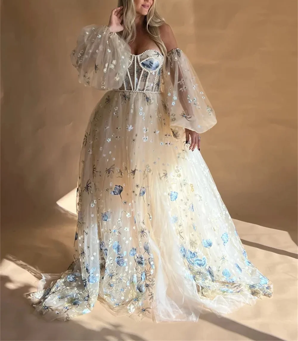 Элегантная Кружевная аппликация с длинным пышным рукавом свадебная