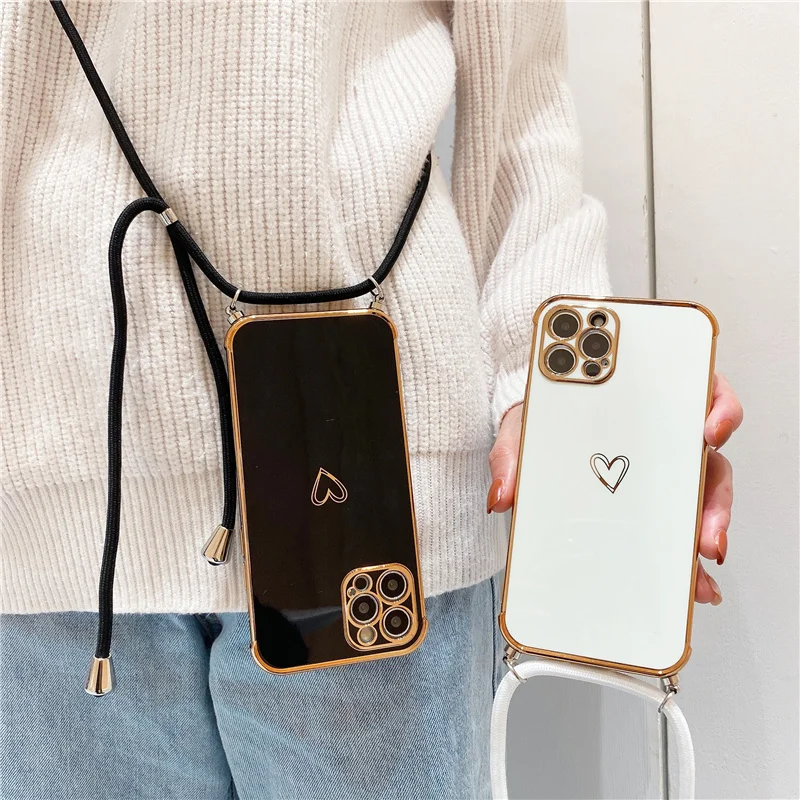 Cute Electroplated Love Heart Lanyard Case For iPhone 11 12 13 Pro Max XS XR X 7 8 Plus Mini SE 2 Cord Rope Necklace Strap Cover |