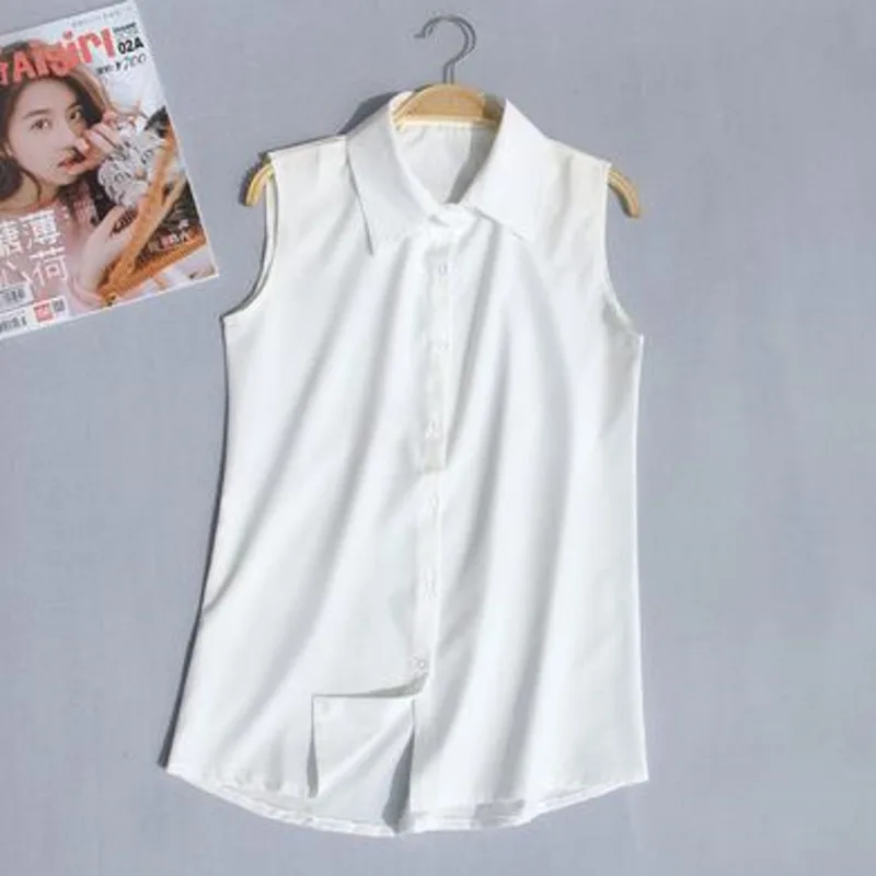 #2505 Woman Tops And Blouses Sleeveless Shirt Women Summer Thin Vest Pullover Button Basic Top Chiffon Red White Black O-neck