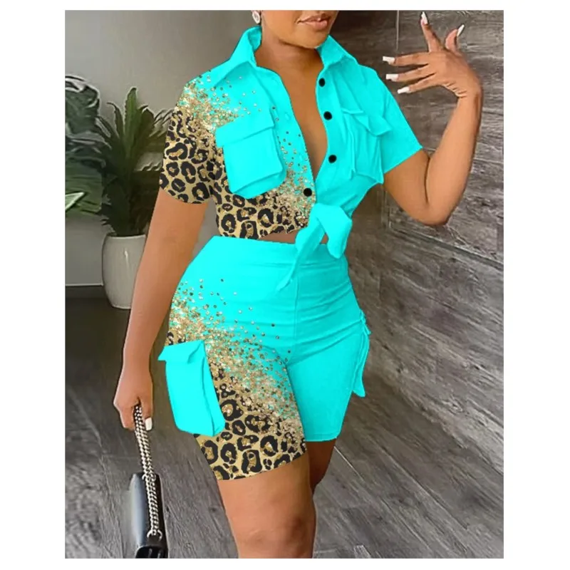 

Summer New 2023V Collar 3D Pocket Printing Fashion Set With 3/4 Sleeve And 5/4 Pants Sexy Casual Women's Pants Set