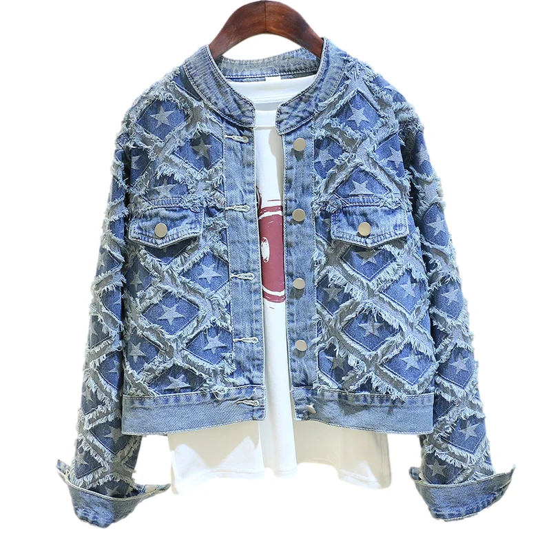 

Vintage Light Blue Frayed Denim Jacket Women Loose Short Cowboy Outerwear Korean Stand Collar Long Sleeve Jeans Jacket Female