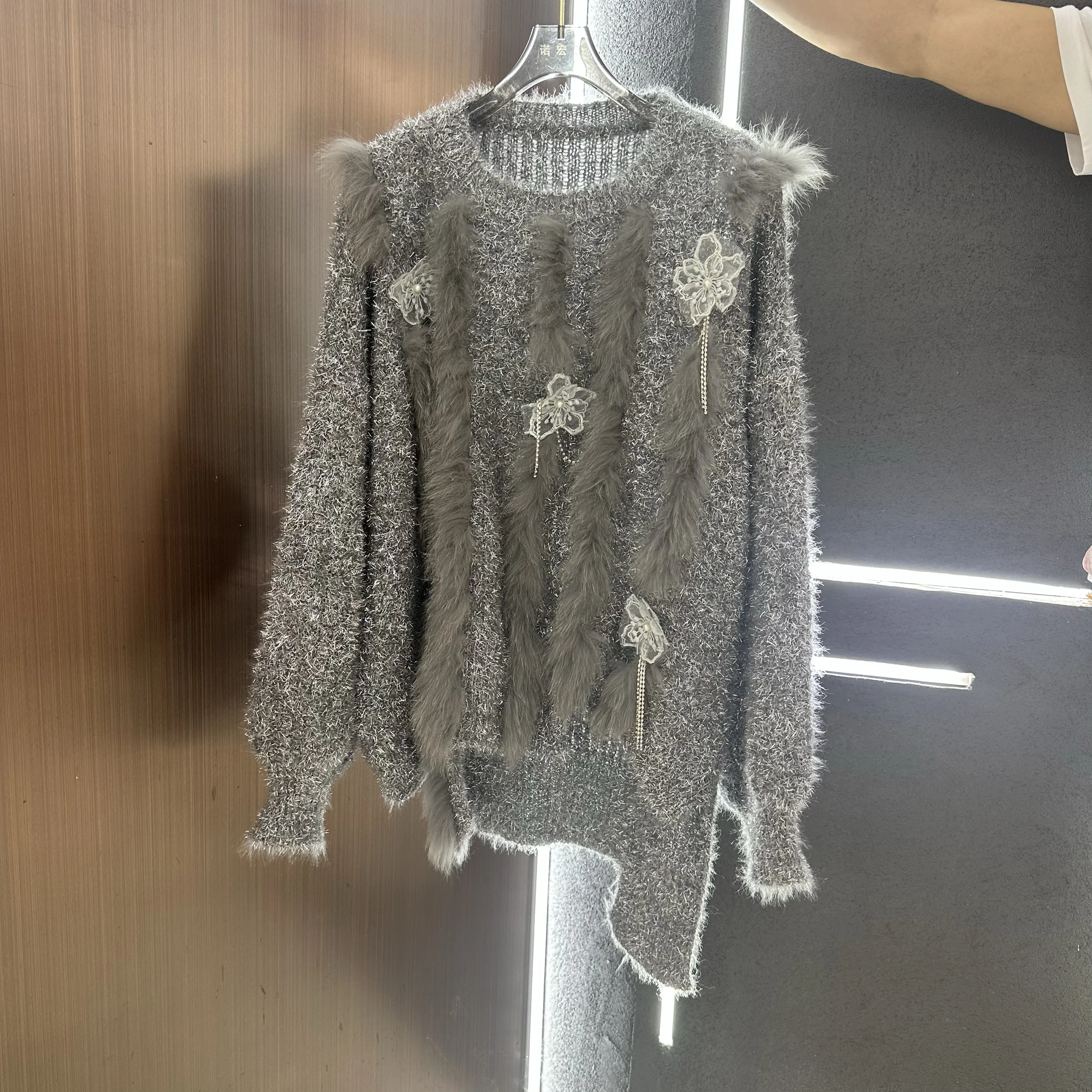 European Goods High end Diamond-Embedded Flower Fox Fur Knit Women 2024 Autumn and Winter New Lazy Sweater