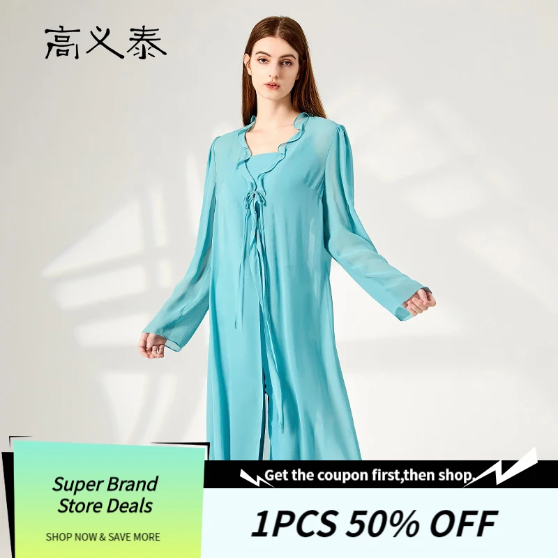 

100% mulberry silk georgette ice blue V-neck long sleeve lace up ruffle ribbon decoration thin silk cardigan coat FY093