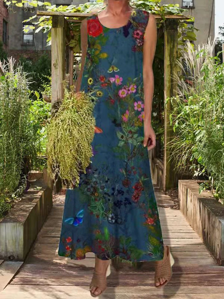 

Vintage Boho Sleeveless Printed Long Dress Women Casual Round Neck Loose Long Dress Woman A-Line Beach Dresses Vacation Outfits