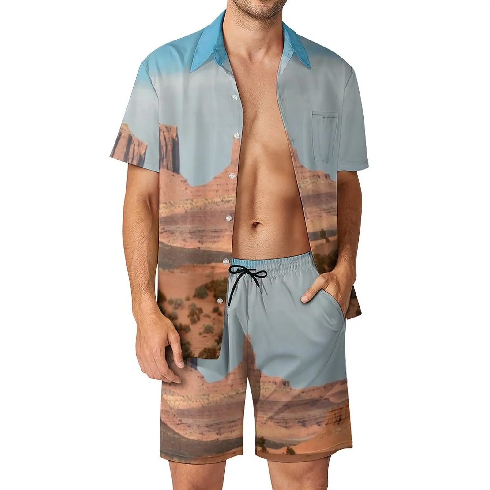 

Calm Desert Men Sets Blue Sky Print Aesthetic Casual Shirt Set Short-Sleeved Printed Shorts Summer Vacation Suit Plus Size