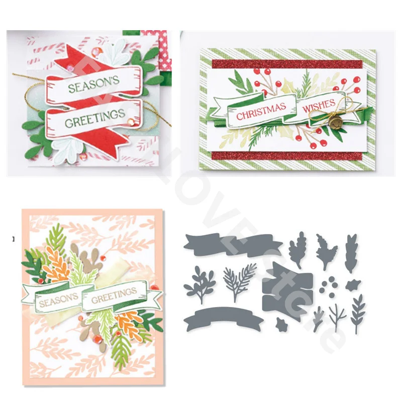 

Christmas Ribbon Pine Leaf Metal Cutting Dies And Clear Stamps For Decorating DIY Paper Cards Album Scrapbook Embossing Crafts