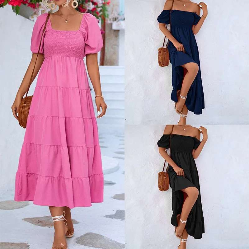 

Dress 2023 Summer New Sweet Fresh Solid Square Neck Short Sleeve A-line Mid length Dress