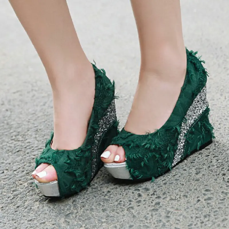 

Green Purple Peep Toe Sexy Mature Ladies Office Working Shoes Pumps Fluffy Brushed Designer Womens Platform Wedges Heels Sandals