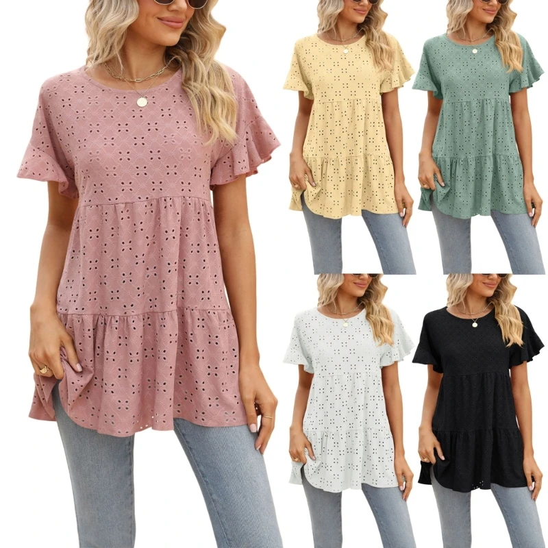 

Women Flared Short Sleeve Hollow-Out Tunic Shirt Ruffle Hem Loose Peplum Tops
