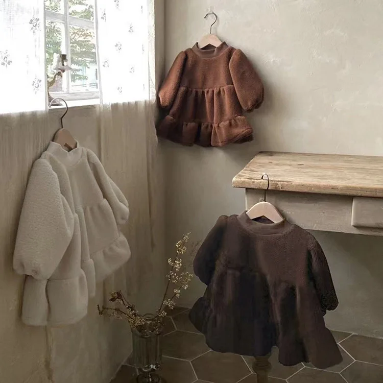 

Платьице для девочек, Осень-зима, однотонное, с длинным рукавом, плюшевое, многослойное, удобное