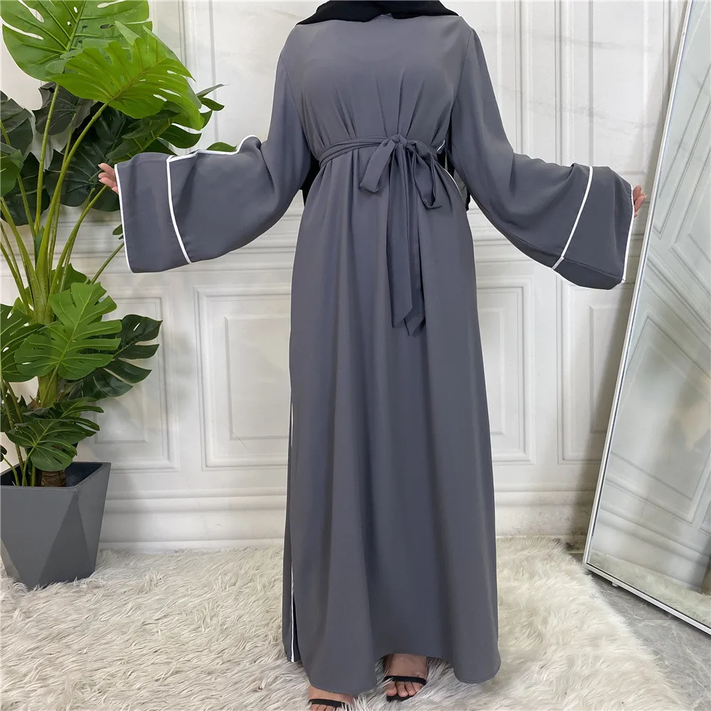 Ramadan Muslim Fashion Long Arabic Hijab Dress Solid Color Islam Clothing Belted Abaya Dubai Turkey African Dresses for Women