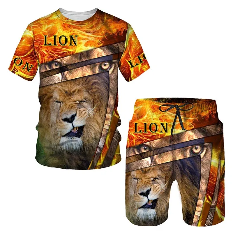 Oversized Summer Men's Sports Fitness 3D Beast Fierce Battle T-shirt Casual 2-Piece Set Street Fashion Shorts High Quality