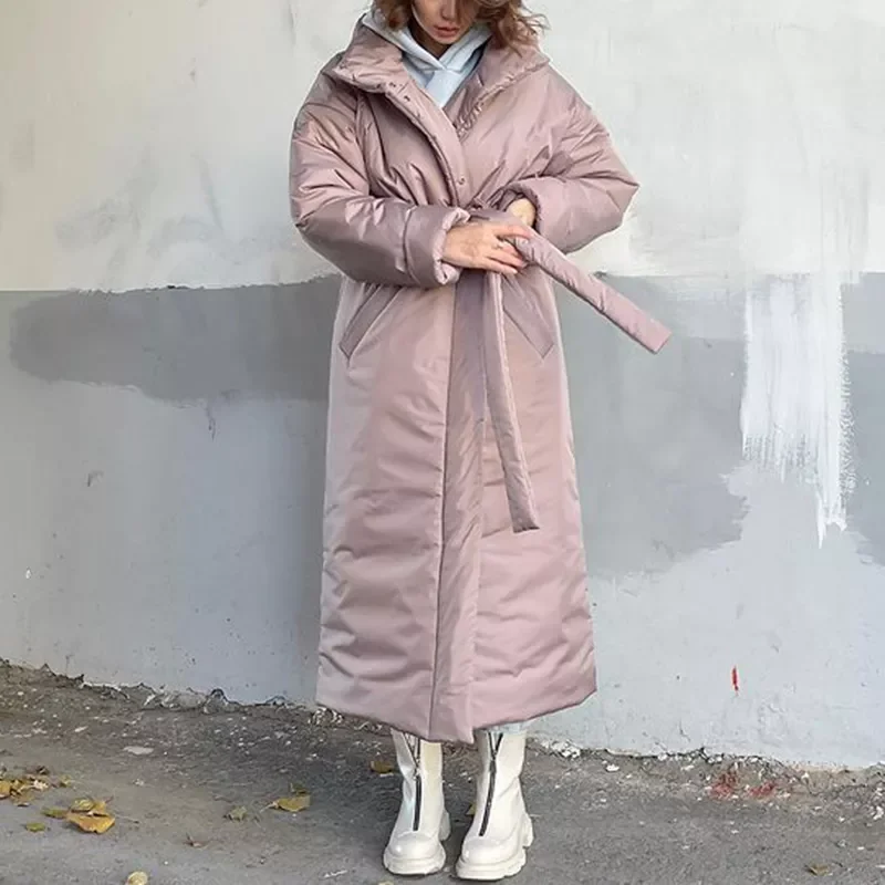 New2022 Winter Solid Hooded Parkas Women Fashion Tie Belt Collected Waisted Coats Women Elegant Long Cotton Jackets Female Ladie