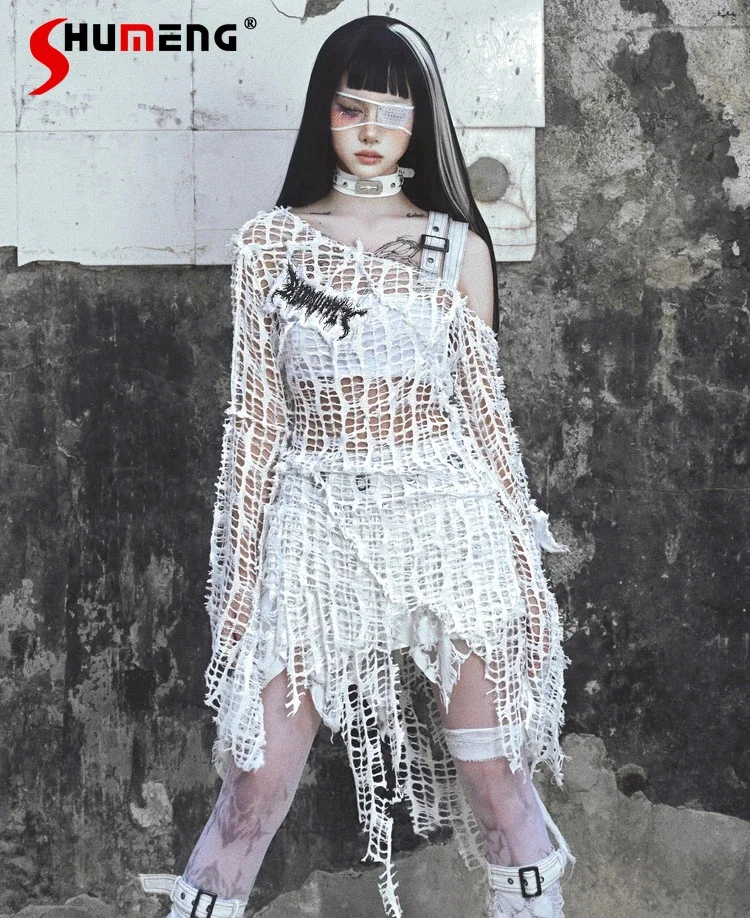 Оригинальный эстетичный вязаный рваный пуловер в стиле панк из субкультуры