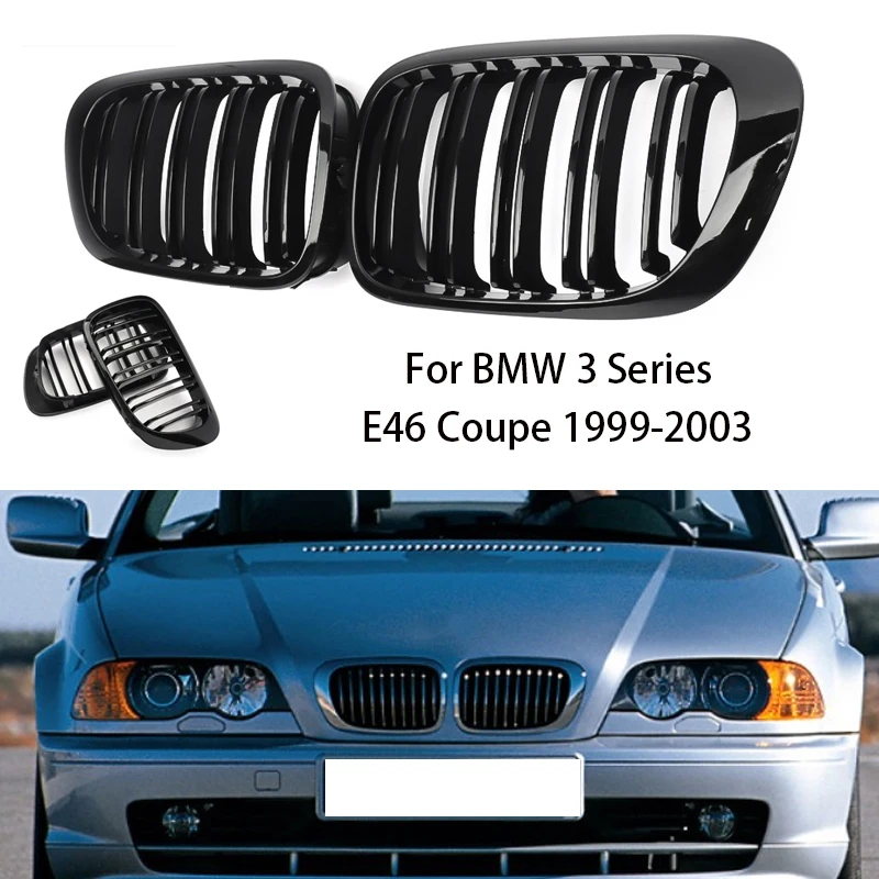 

Решетки для переднего бампера автомобиля, двойная линия, глянцевый черный для BMW 3 серии ABS E46 Coupe 1999-2003, 2 шт.