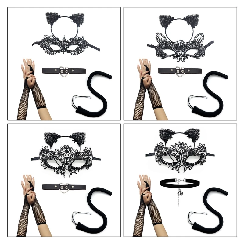 

Fashion for CAT Costume for Women Halloween Lace Ears Tail Net Gloves Necklace