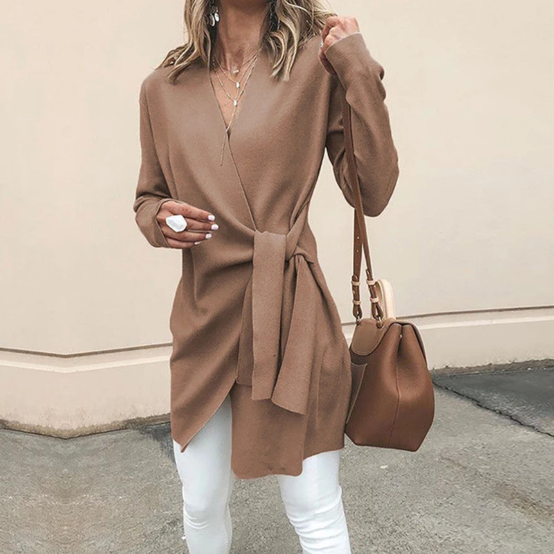 

Women Cardigan Spring Autumn Casual Long Sleeve Jackets with Belt Lace Up Outwear Office V Neck Jacket for Work Streetwear