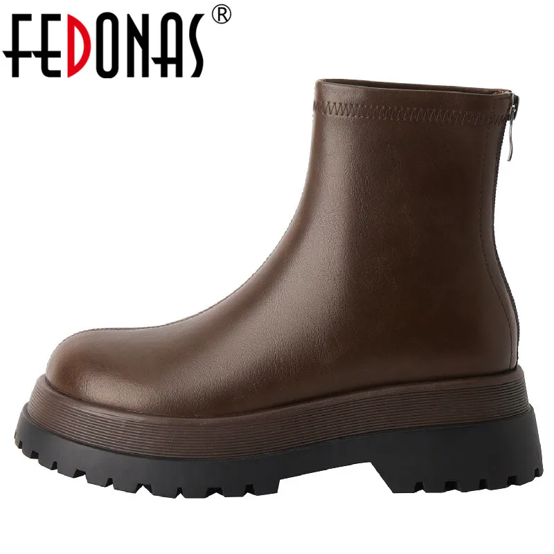 

Женские ботильоны на платформе FEDONAS, Повседневные Классические ботильоны из натуральной кожи на толстом каблуке с молнией сзади, сезон осен...