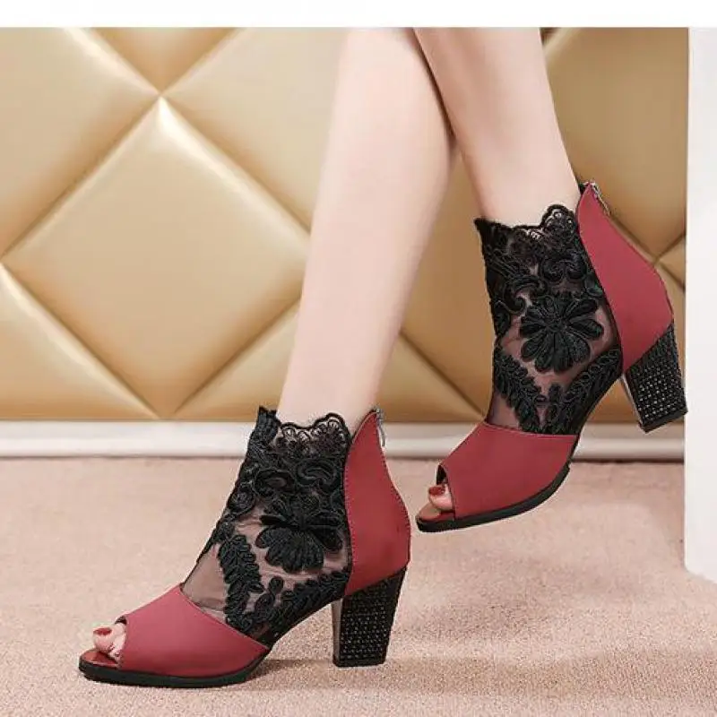 2022 New Ladies Fashion Basic Sandals Boots Sexy Cutout Mesh Lace-up Boots Women's High Heels Party Shoes Tacones Mujer TGHDOF