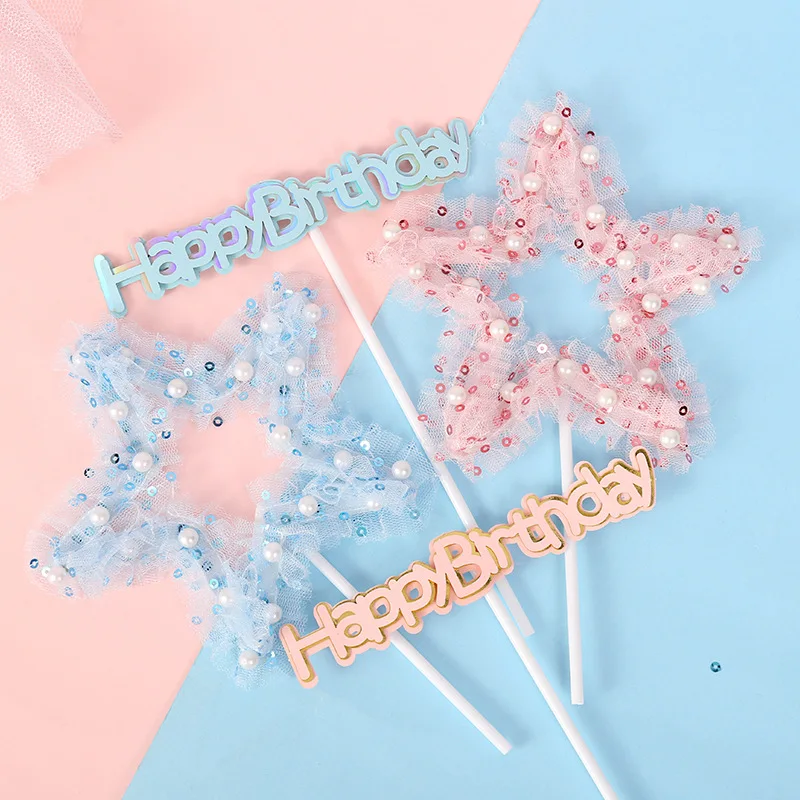 

Girl Heart Dream Mesh Pearl Star Birthday Cake Card Girl Birthday Party Cake Decoration Plug-in Decoration Tool