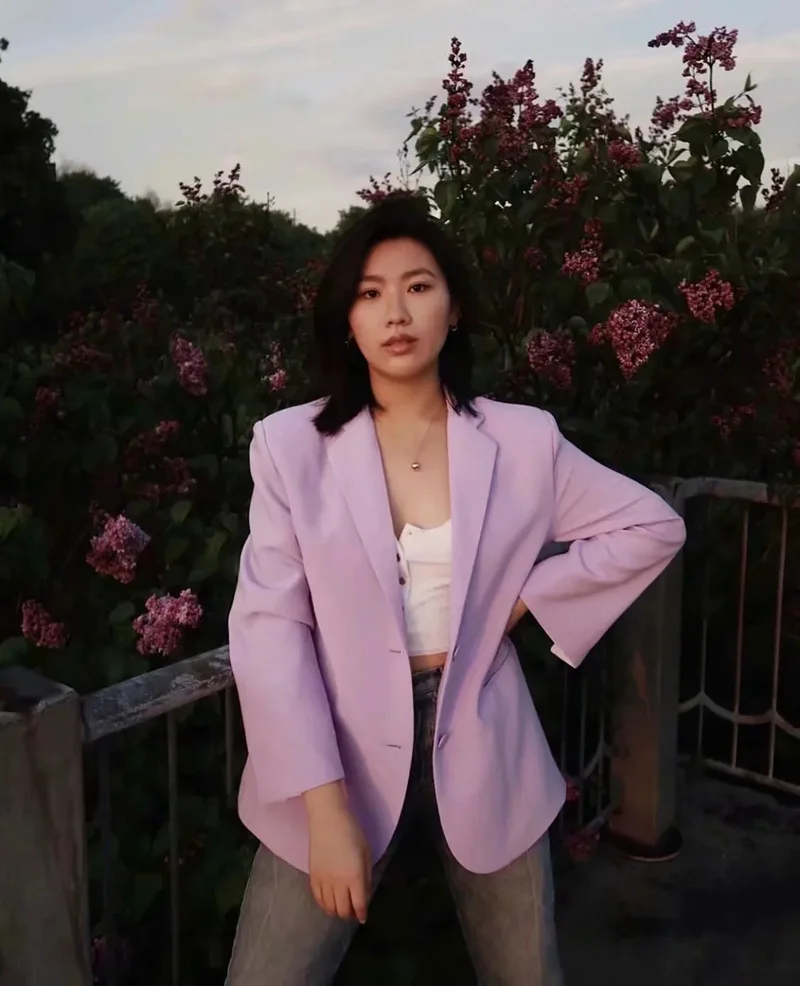 Women Simple INS Purple Chic Blazer Suit All Match Loose Casual Blazer New Office Lady Solid Colors Single Breasted Commute Suit