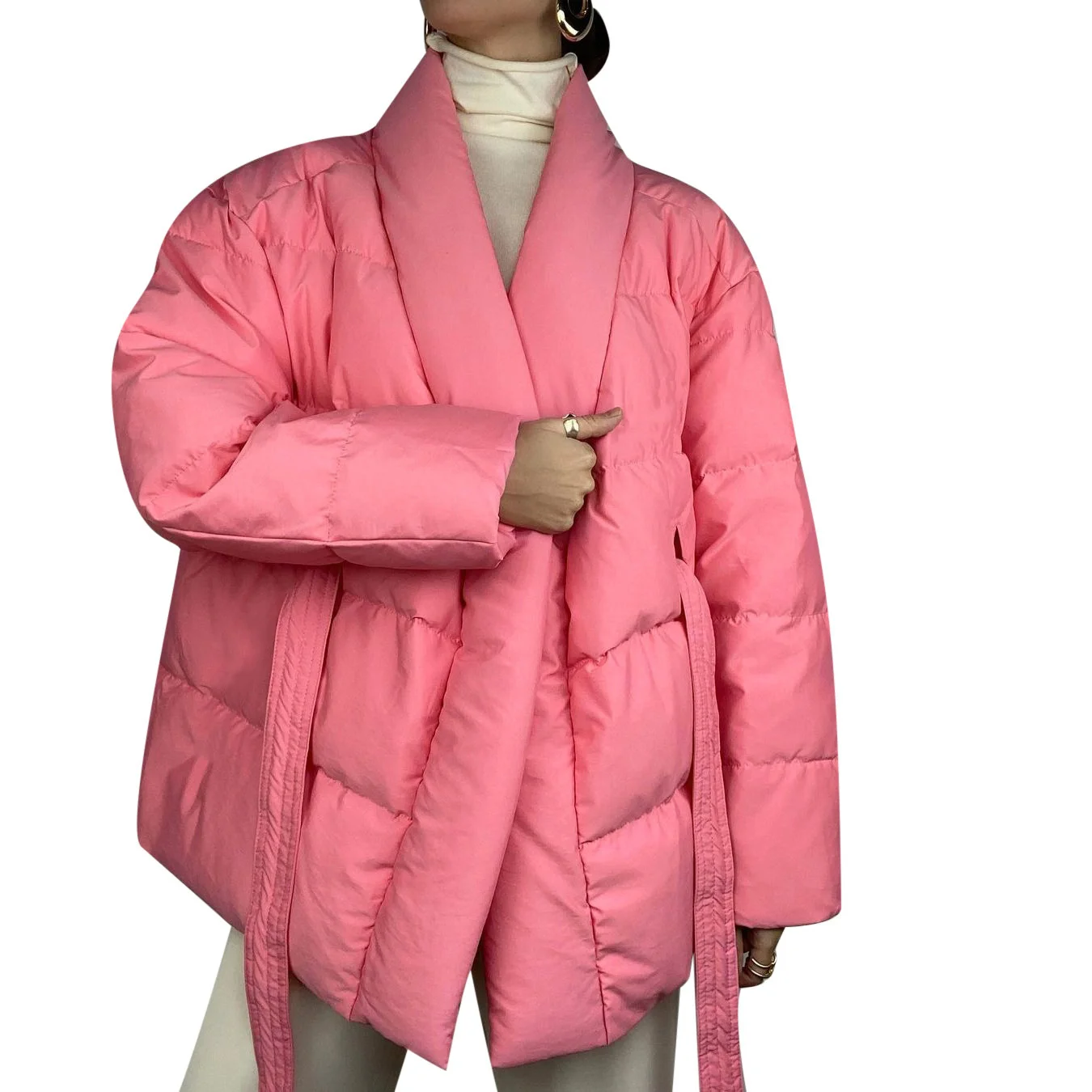Winter Women's Coat 2022 New Thickened Warm V-neck Waist Strap Cotton Padded Clothes Women Belted Parkas Casual Loose Overcoat