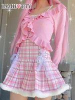 iamhotty y2k plaid print pleated skirt high waisted lace up feather patchwork kawaii a line short skirts pink lolita japanese
