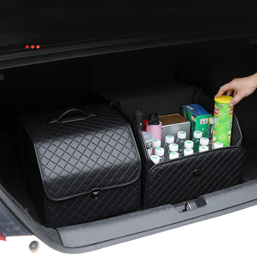 

Full Black Multipurpose Car Trunk Storage Organizer Box With Lid Portable Collapsible Stowing Tidying Bag Vehicle Trunk Accesso