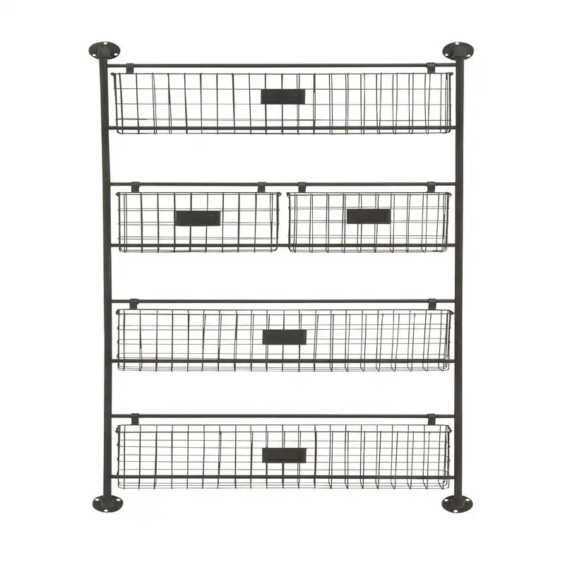 

Industrial Wall Organizer Basket and Magazine Rack Holder, 27"W x 5"L x 61"H, Black Metal with Rustic Distressed