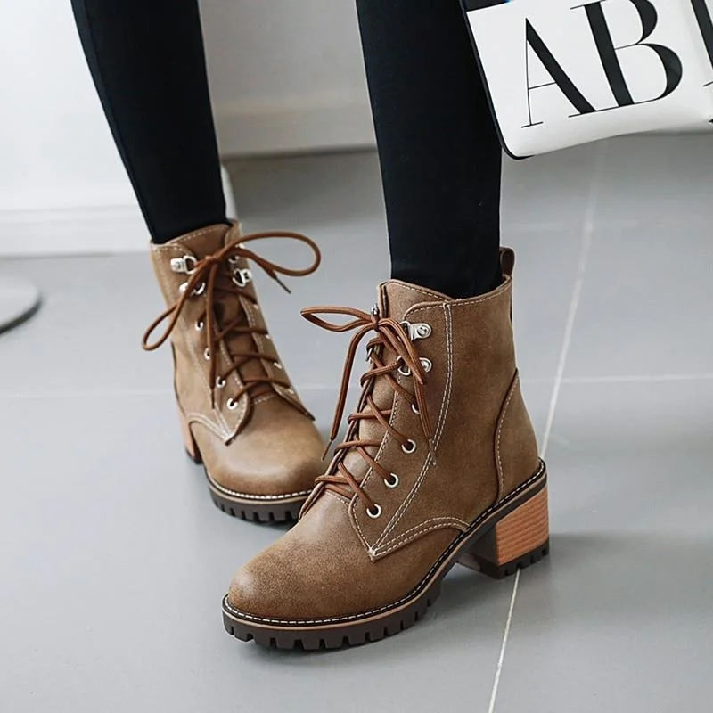 

Fashion British Retro Lace Up Martin Boots Thick Middle Heel Thick Soled Green Women's Shoes 01 Autumn and Winter New Short