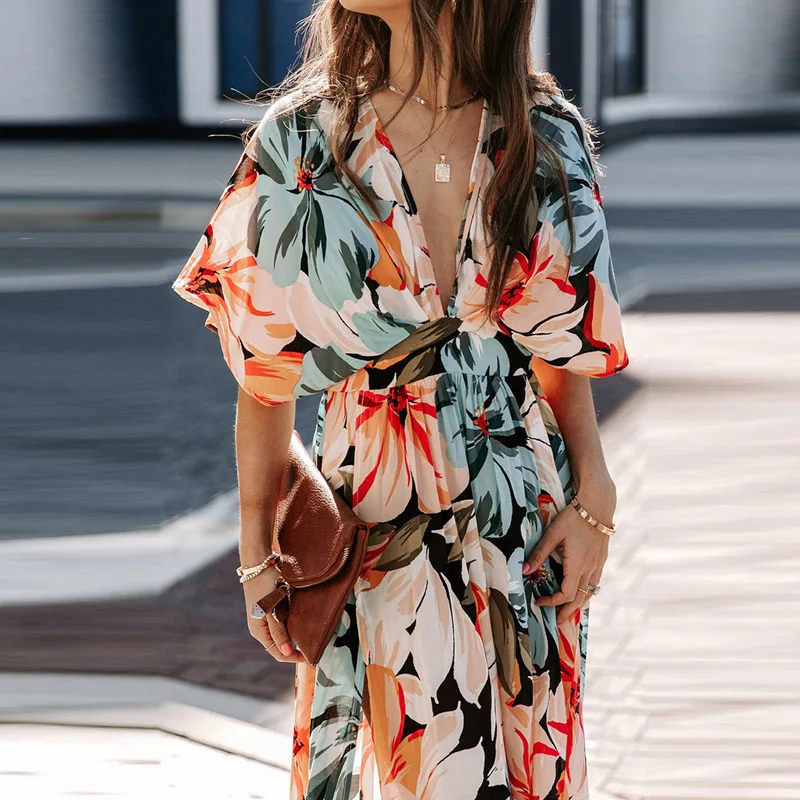 

Autumn 2023 New Women's Elegant Short Sleeve Print Long Dress Women