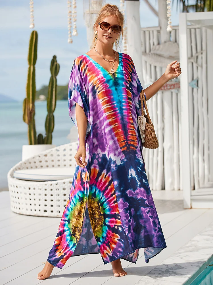 

Длинное платье Tie Dye, Пляжная накидка, женский Макси-Кафтан (Length-136cm/53,5 дюйма)