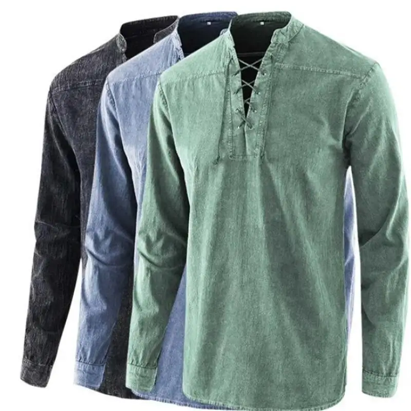 

Men's Solid Color Vintage Lace Up Stand Collar Loose Casual Shirt Men Casual Long Sleeve Shirts Fashion Streetwear Male Tops