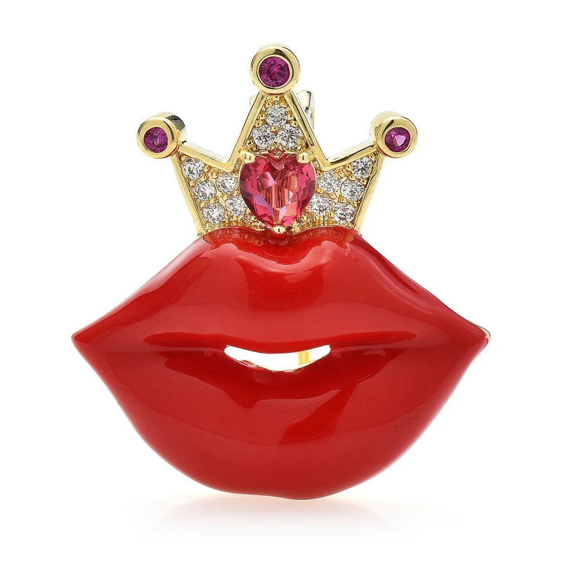 

Wuli&baby Cute Crown Lip Brooches For Women Cubic Zircorn High Quality Enamel Mouth Party Office Brooch Pin Gifts