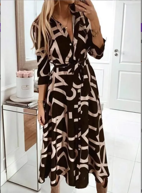 

Spring Autumn Long Dress Women 2022 Fashion Print Button Long Sleeve Lace Up Sexy V-Neck Dress Large Size Casual Loose Dress