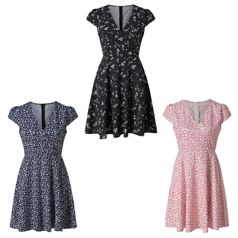 

Женское мини-платье с цветочным принтом, коротким рукавом и глубоким V-образным вырезом