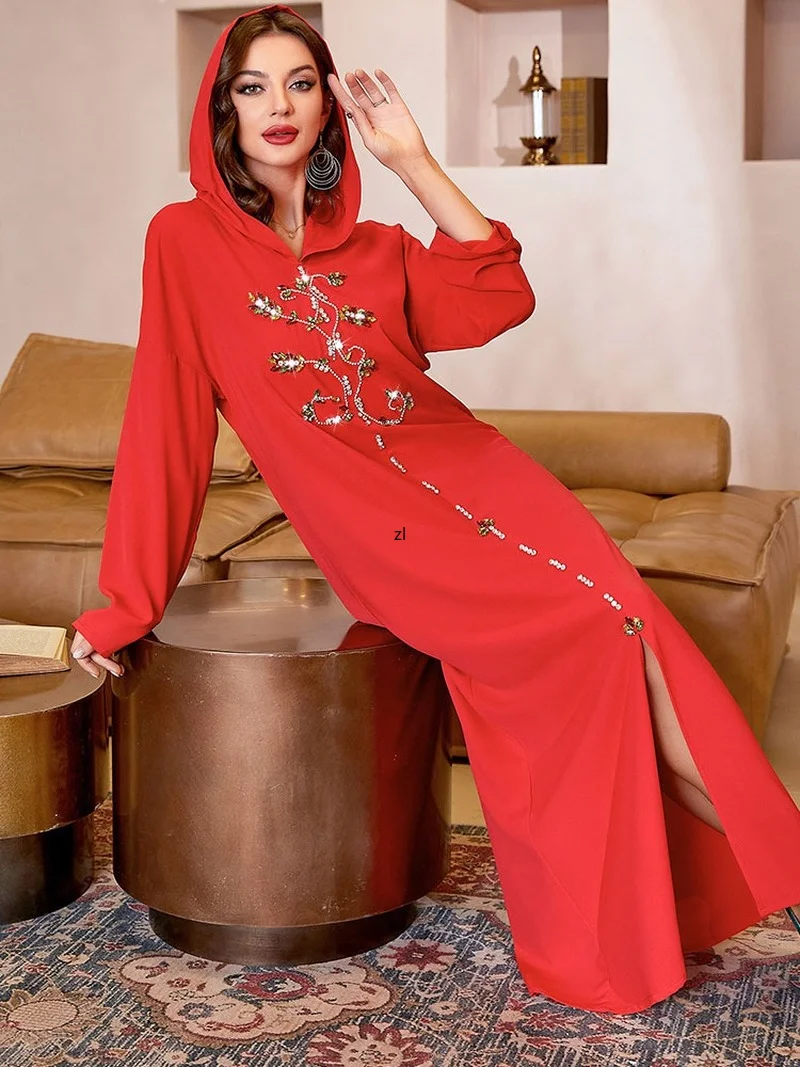 Hand Sewn Dubai Abaya Moroccan Party Kaftan Women Muslim Arabic Hooded Robe Islam Saudi Gulf Djellaba Red Abayas Wedding