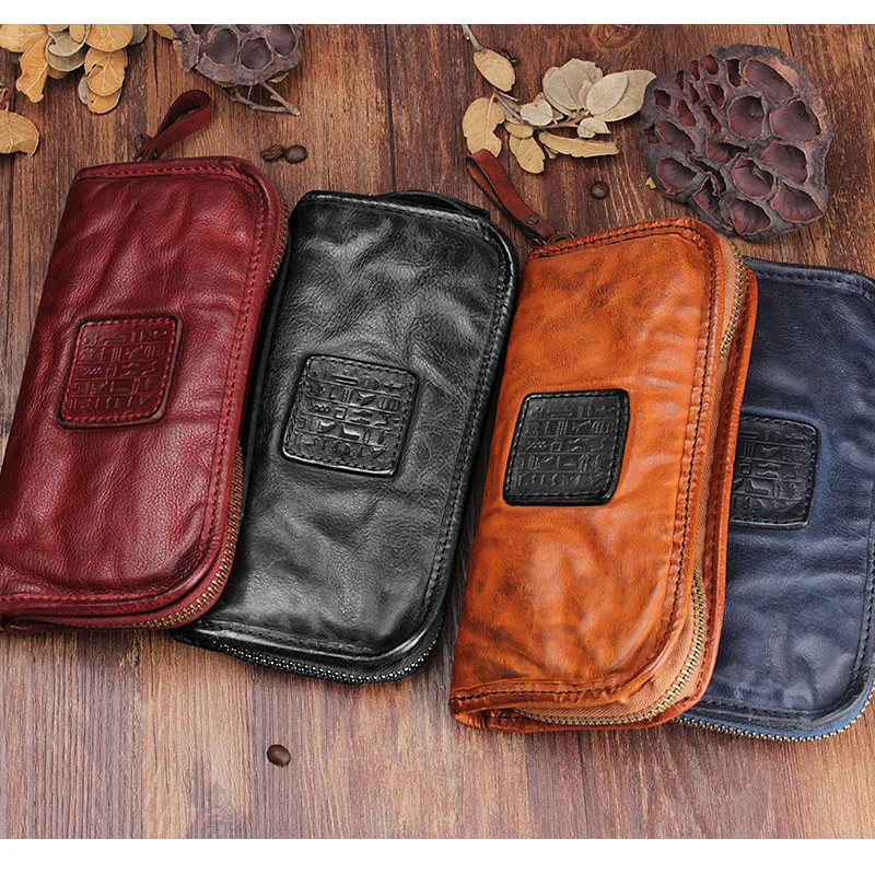 

vintage fashion high quality natural genuine leather men's long wallet outdoor leisure business card clip zipper clutch bag