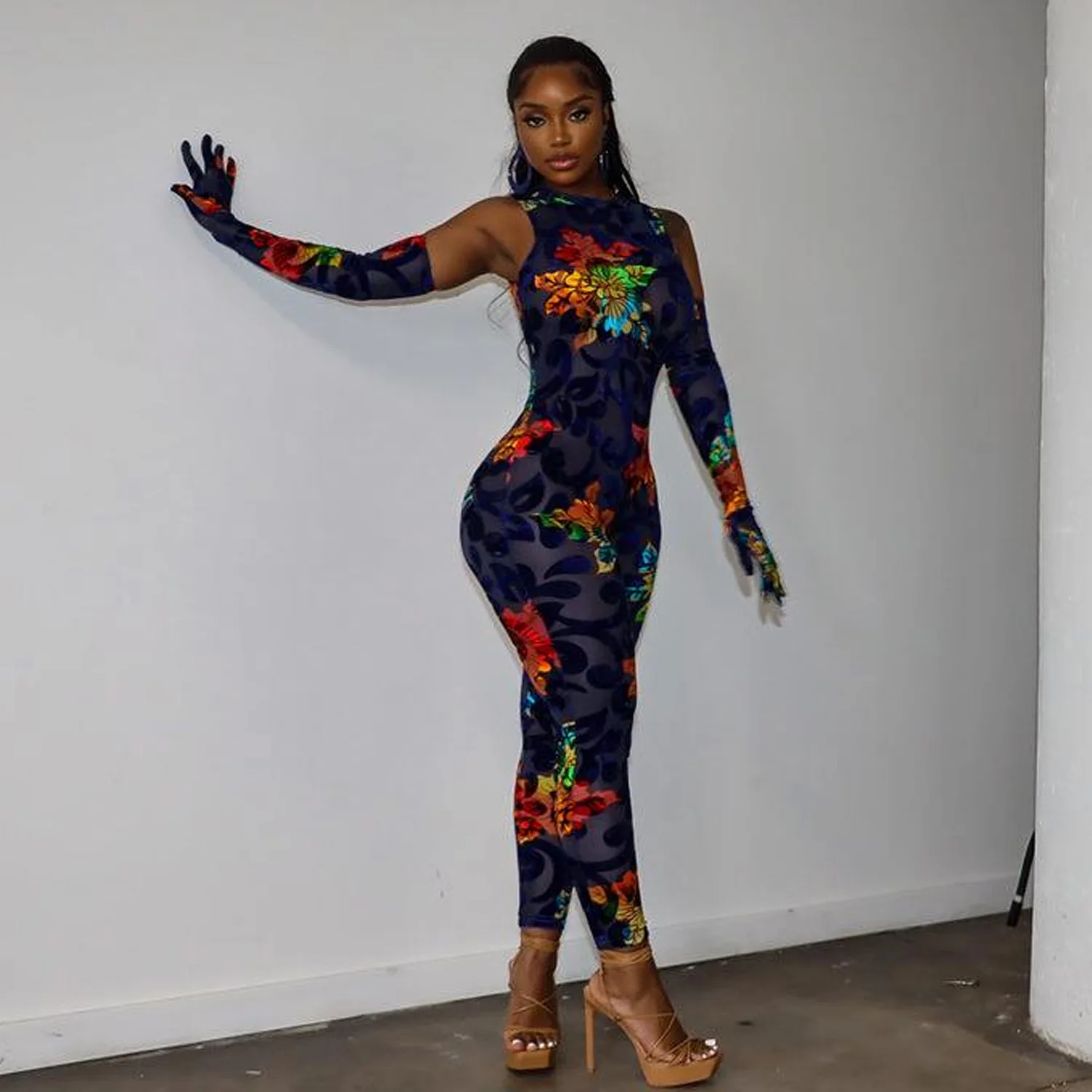 Women Floral Bodycon Skinny Stretch Oversleeve Jumpsuit 2023 High Street INS Female Party One Piece Suit Playsuit